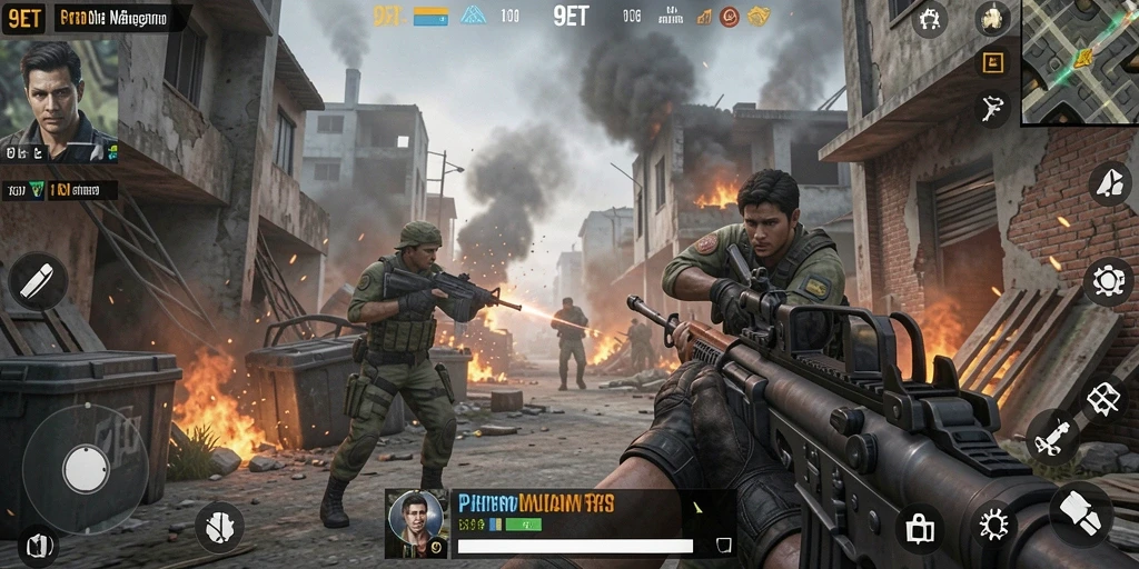 Tangkapan layar menunjukkan aksi intens dalam gameplay FPS 9ET.