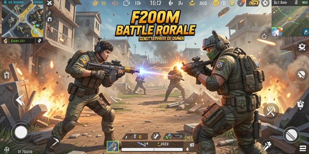 Gameplay epik dalam F200M menampilkan pertarungan intens Battle Royale.