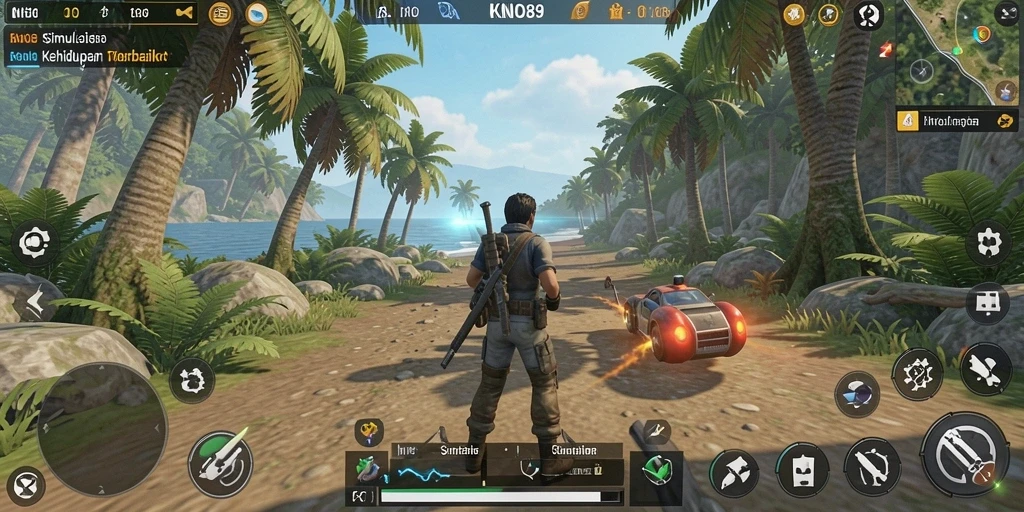 Tangkapan layar gameplay KNO89 menampilkan interaksi karakter dalam simulasi kehidupan.